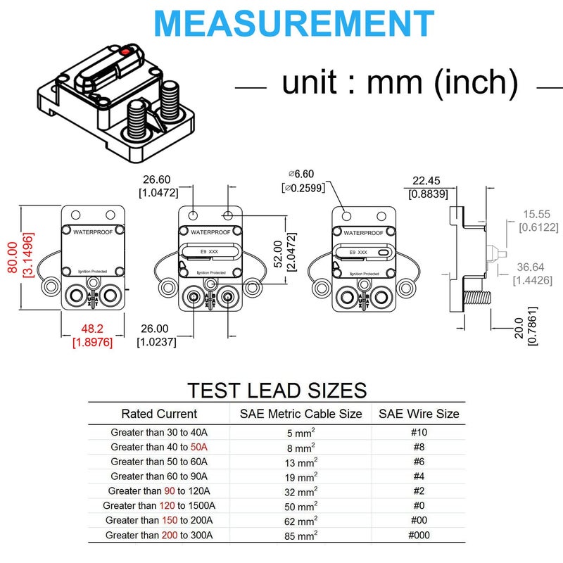 T Tocas E9 3/8" Stud 60 Amp Circuit Breaker, Surface Mount, 12V - 72V DC 60A Waterproof IP67 - Image 5